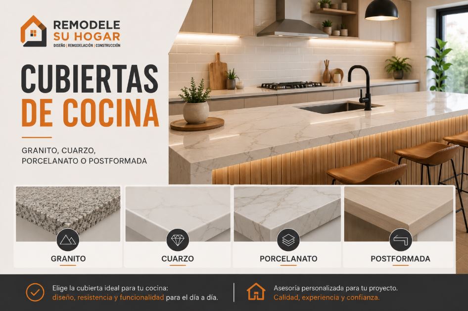 Cubiertas de cocina: granito, cuarzo, porcelanato o melamina postformada