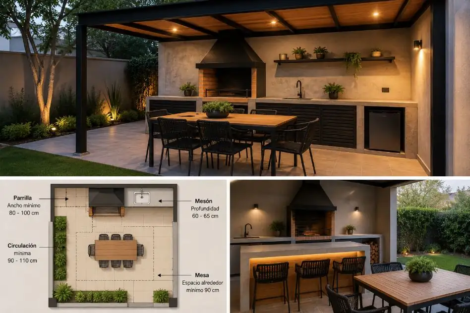 cuanto-espacio-necesito-para-un-quincho Quincho funcional en patio pequeño con parrilla, mesón y comedor exterior