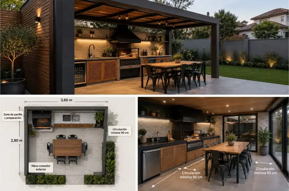 Distribución de quincho pequeño con parrilla, mesón y mesa exterior