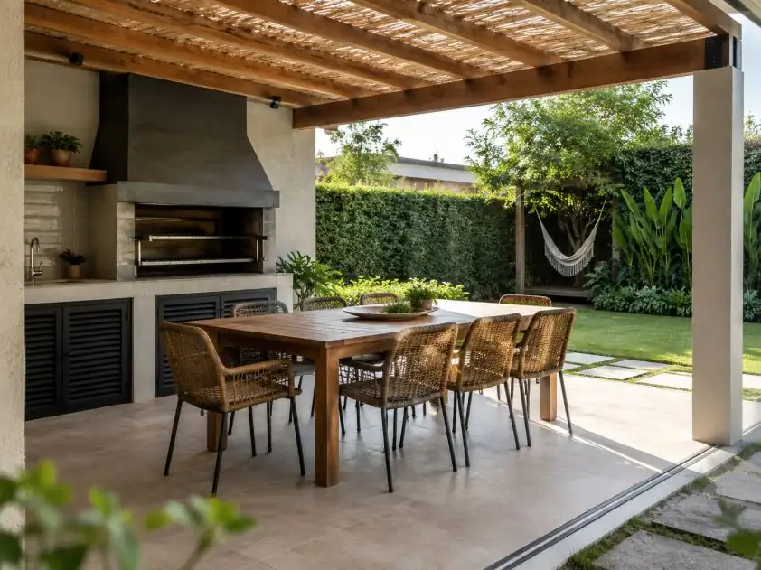 Quincho abierto con pérgola, parrilla y comedor exterior en patio de casa