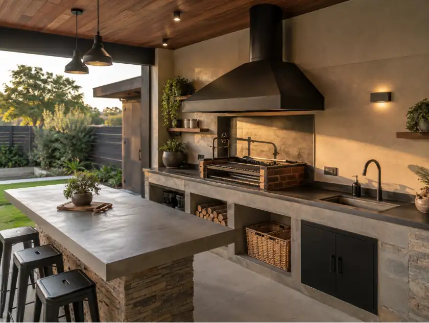 Quincho techado con parrilla, campana, mesón e iluminación exterior
