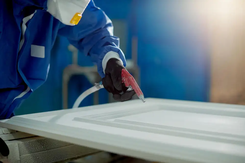 Aplicación de pintura blanca sobre puerta interior con pistola pulverizadora